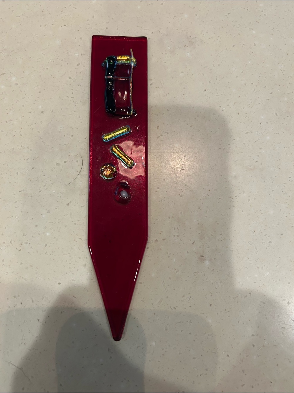 Handmade Glass Plant Stake- Red glass with Gold/Blue accents